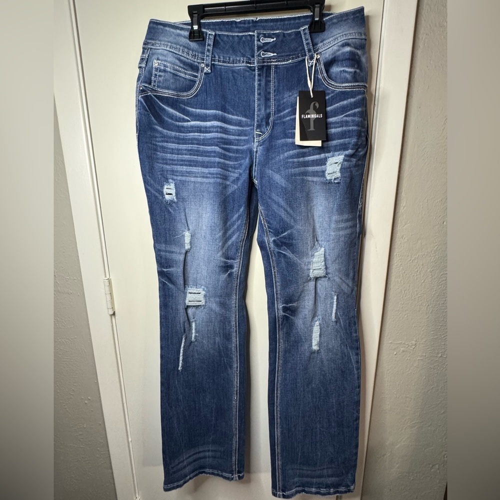 NWT - Women's Distressed Boot Cut Blue Jeans